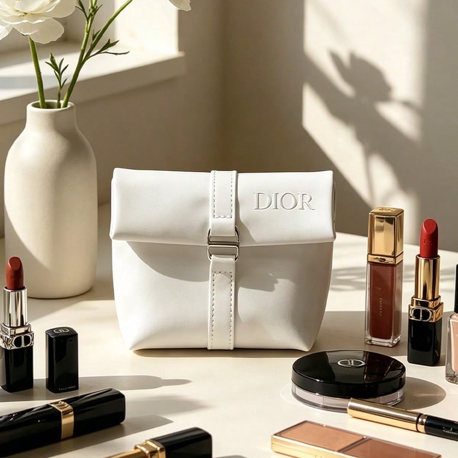 Luxury Skincare Samples - กระเป๋าดิออร์สีขาว กระเป๋าเครื่องสำอาง หรูหรา โลโก้ CD แบบนูน