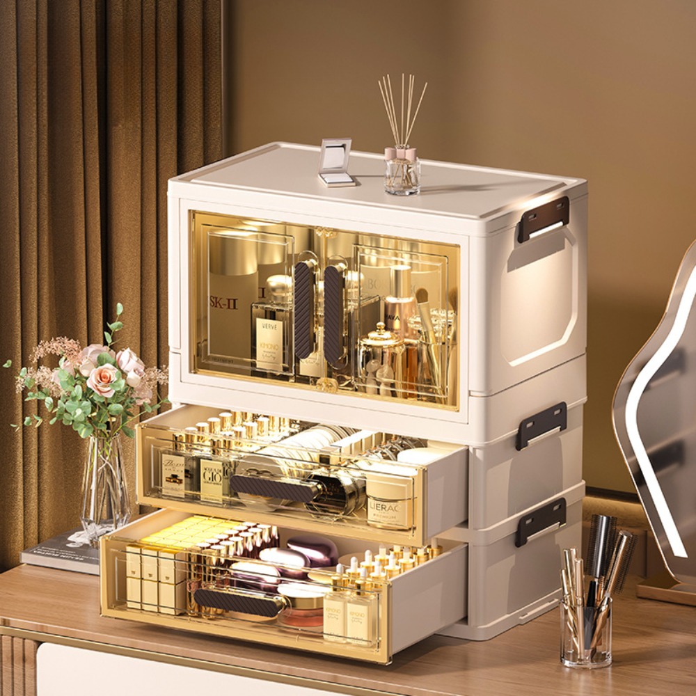 Luxury Skincare Products - ออแกไนเซอร์เครื่องสําอาง 3 ชั้นอเนกประสงค์, ออแกไนเซอร์แต่งหน้าแบบพับได้, โต๊ะเครื่องแป้งตั้งโต๊ะ, ลิ้นชักออแกไนเซอร์,